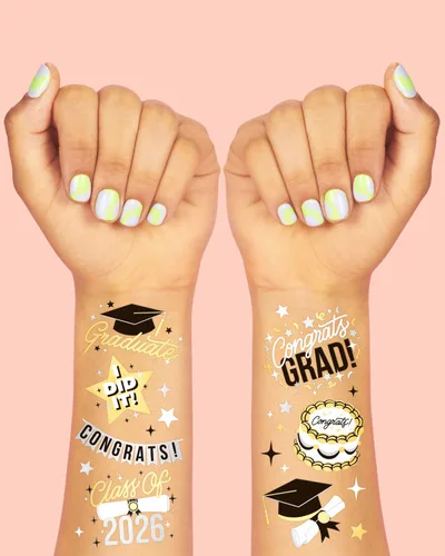 Miniatura 3 de xo, Fetti Tatuajes temporales de graduación 2026 – 48 estilos de aluminio Decoraciones de fiesta de graduación, accesorio para niñas graduadas