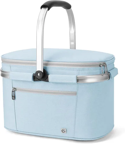 Miniatura 12 de ALLCAMP Cesta de pícnic, 2 cajas de hielo incluidas con enfriador aislado de 32 litros, cesta de picnic plegable gruesa con cestas extraíbles