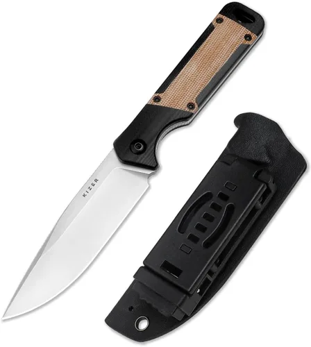 Kizer Militaw Cuchillo de hoja fija con funda, cuchillo de campamento Nitro V Blade con mango G10 y Micarta, cuchillos EDC de hoja fija para hombres