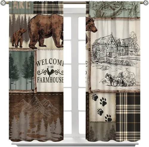 Miniatura 20 de Cortinas rústicas de alce y oso, tratamiento retro para ventana de cabaña de oso salvaje para dormitorio, cocina, cortinas de estilo rústico Retro