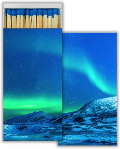 Aurora Borealis - Juego de 2 cajas de cerillas decorativas con cerillas de madera, ideal para iluminar velas, chimeneas, parrillas y más