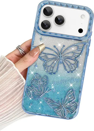 Miniatura 47 de BITOBE Diseñada para iPhone 15 Pro Max, bonita funda de mariposa 3D chapada en purpurina delgada para mujeres y niñas, protección de cámara, Negro