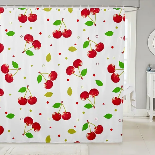 Miniatura 18 de Feelyou Accesorios impermeables de baño de cereza roja con 12 ganchos, cortina de ducha de frutas de dibujos animados para niñas, mujeres y niños