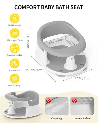 Miniatura 8 de Asiento de baño para bebés de 6 meses en adelante, asientos de baño para bebés sentados, 3 juguetes de baño para bebés, diseño abierto, Gris