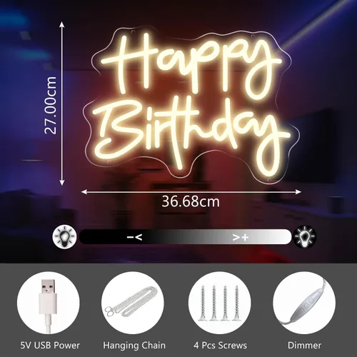 Miniatura 5 de Letrero de neón de feliz cumpleaños, blanco cálido, alimentación USB