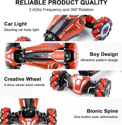 Miniatura 7 de Auto de acrobacias RC con detección de gestos, vehículo de control remoto con tracción en las 4 ruedas, vehículo todo terreno con derrape Rojo