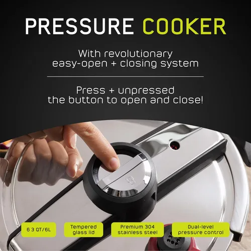 Miniatura 2 de Universal Olla a presión Silver Express de 6.3 cuartos de galón + tapa de vidrio extra (15 PSI/100 kPa) con sistema de apertura fácil, olla a