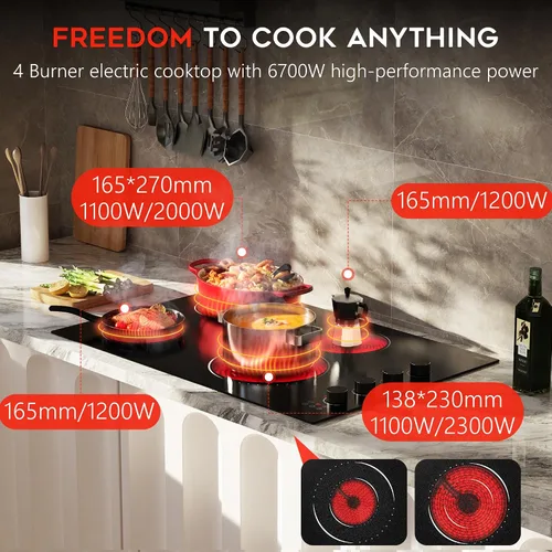 Miniatura 2 de Placa de cocina eléctrica de 30 pulgadas, estufa eléctrica de 4 quemadores, 6700 W, quemador de doble anillo y quemador ovalado, 9 niveles