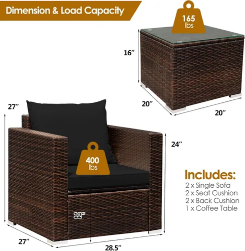 Miniatura 2 de COSTWAY Juego de muebles de patio de 3 piezas, sofá de mimbre para exteriores con cojines y mesa auxiliar con vidrio templado, juego moderno de Negro