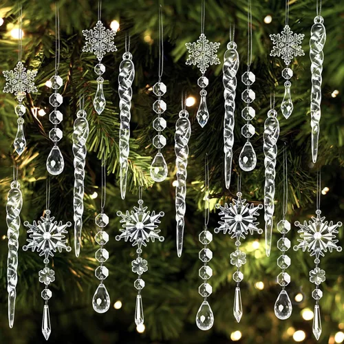 Miniatura 7 de Geegoods 18 adornos de Navidad, copos de nieve, decoraciones colgantes de cristal acrílico de Navidad, decoraciones de cristal de carámbano