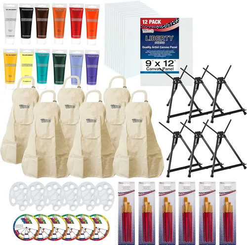 U.S. Art Supply Kit de fiesta de pintura artística para 6 personas, 6 caballetes, juego de pintura acrílica de 12 colores, 12 paneles de lienzo, 6