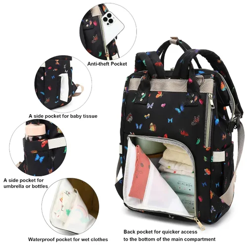 Miniatura 3 de Mochila de Pañales de Mariposa para Bebés Niñas, Mamá Bolsas Impermeables Grandes de Pañales para Mujeres