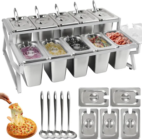 Miniatura 14 de Pizza Topping Station 7 sartenes, barra de ensalada, estación de buffet, servidor de bufé de alimentos fríos con tapas de bolsas de hielo, juego
