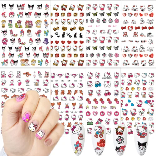 Calcomanías de uñas bonitas, 8 hojas de calcomanías de uñas de dibujos animados kawaii 3D, autoadhesivas, diseño de gato, dijes de uñas acrílicas,