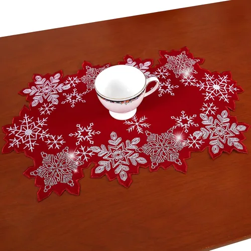 Juego de 4 manteles individuales rectangulares con diseño de copo de nieve, color rojo, bordado, decoración de mesa de Navidad, decoración de mesa