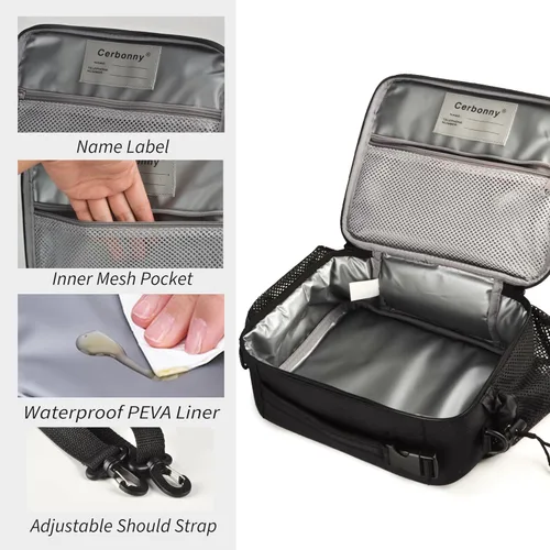 Miniatura 4 de Cerbonny Lonchera para niños, bolsa de almuerzo aislada para niñas y niños, poliéster duradero con forro de PEVA, correa de hombro ajustable, 10.8