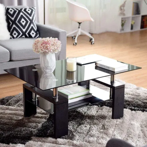 Miniatura 4 de Mesa de centro rectangular de vidrio, mesa de centro lateral de patas de madera de ingeniería moderna con estante inferior, mesa de centro de vidrio