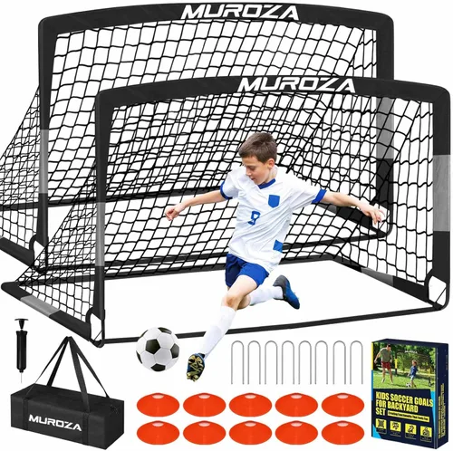 Portería de fútbol, juego de porterías de fútbol para niños para patio trasero, paquete de 2 redes de fútbol portátiles desplegables con pelota de