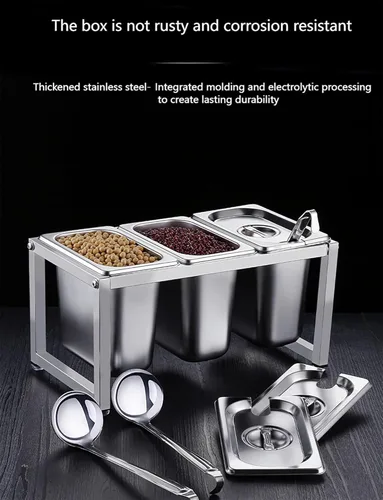 Miniatura 5 de Recipiente de alimentos de acero inoxidable con sartenes y tapas, dispensador de condimentos para encimera, organizador de especias, soporte