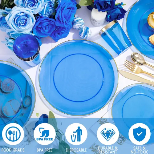 Miniatura 3 de YOUBET 175 PIEZAS Platos de Plástico Azul Transparente - Platos Desechables Azules y Dorados Incluyen 50 Platos, 75 Cubiertos, 25 Vasos, 25