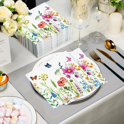 Miniatura 4 de Teling 100 servilletas de papel florales, 3 capas desechables para invitadas/servilletas de cóctel, servilletas de fiesta de flores silvestres