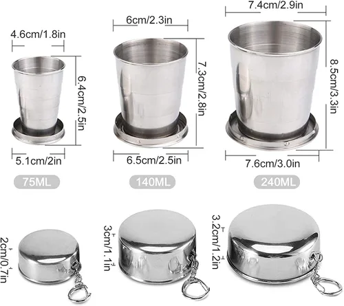 Miniatura 2 de 3 vasos de viaje plegables, platos y utensilios, vaso de camping de acero inoxidable con tapa: 74 ml, 139 ml, 244 ml, extensible y portátil