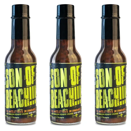 Miniatura 12 de Chile Lengua de Fuego ¡Son of Beach! Salsa picante – 1 botella – Carolina Reaper, ajo ahumado y Scotch Bonnet – calor extremo, lote pequeño, salsa