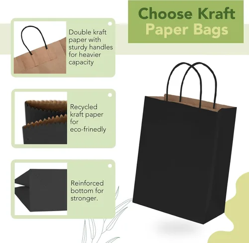 Miniatura 4 de MESHA Bolsas de regalo de papel kraft negro de 8 x 4.25 x 10.5 pulgadas con asas, paquete de 50 bolsas de compras recicladas reutilizables a granel