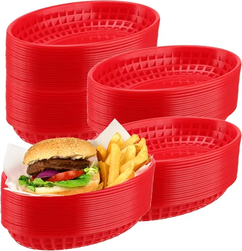 Miniatura 10 de Paquete de 40 cestas de plástico negro de 8.9 x 5.7 x 1.6 pulgadas, cestas para servir restaurantes, bandeja ovalada de comida rápida para picnic