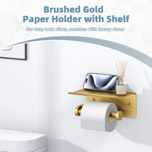 Miniatura 7 de APLusee Soporte de papel higiénico dorado cepillado con estante, colgador de papel higiénico compacto montado en la pared de acero inoxidable 304