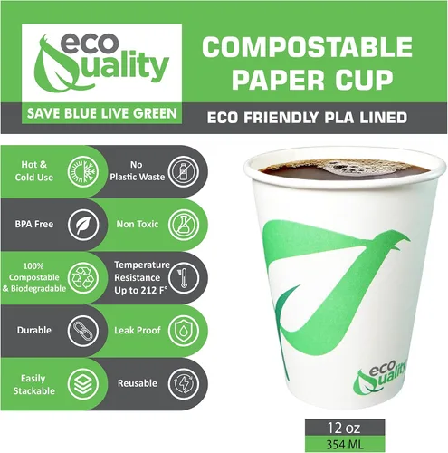Miniatura 2 de EcoQuality Vasos de papel compostables de 12 onzas, tazas de café de papel blanco biodegradables desechables con forro de ácido poliláctico (PLA)