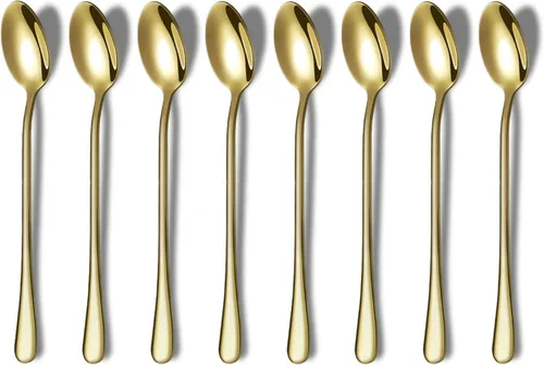 Juego de 8 cucharas de café y té de acero inoxidable dorado prémium (mango largo, helado, cóctel)
