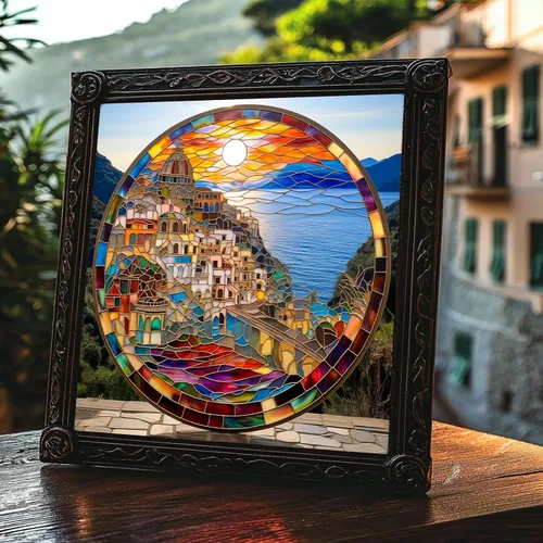 Miniatura 5 de Bgraamiens Rompecabezas de 1000 piezas con diseño de Cinque Terre Coastline Sunset, estilo vitral, vista italiana de la ciudad, perfecto