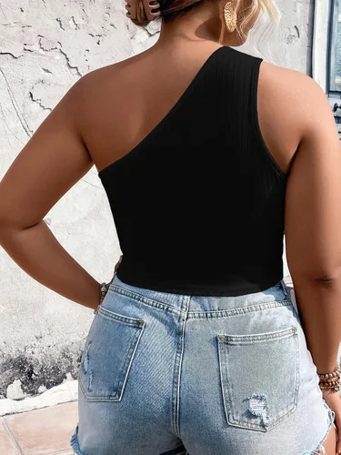 Miniatura 2 de MakeMeChic Camiseta corta sin mangas con un hombro recortado para mujer, talla grande