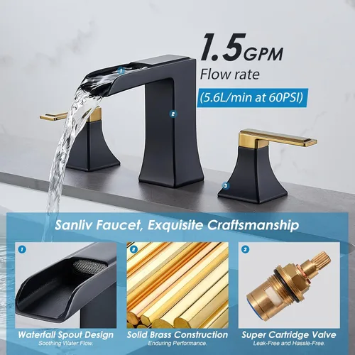 Miniatura 2 de Grifo de baño de dos tonos negro y dorado, grifo de baño generalizado de 2 manijas para fregaderos de 3 agujeros de 4 a 8 pulgadas, grifos