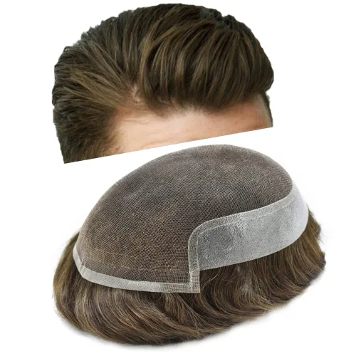 Miniatura 40 de Sistema de repuesto de cabello humano europeo con encaje frontal suizo para hombre, tupé para hombre, pieza de cabello, nudo blanqueado, línea #17