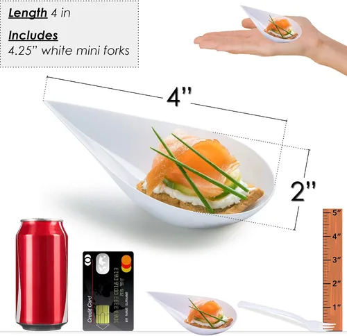 Miniatura 3 de DLux 100 mini platos de aperitivo de 4 pulgadas con tenedores, cucharas de plástico blanco reutilizables, platos para servir postres y aperitivos