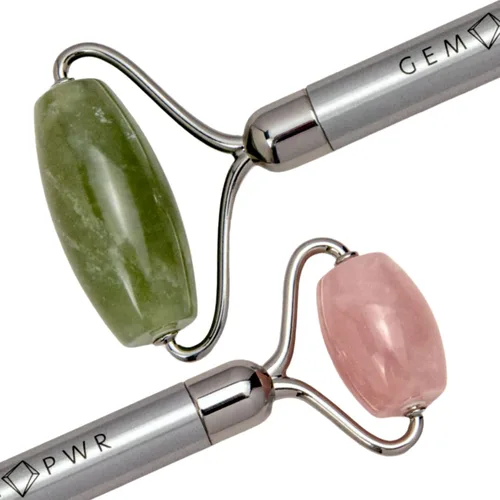 Miniatura 3 de Rodillo de cuarzo rosa + jade para masaje facial y cuello, piedras preciosas dobles con mango de acero duradero y bolsa de viaje. Minimiza las Jade