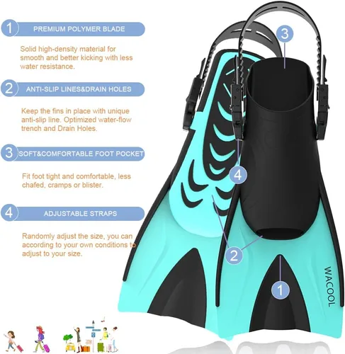 Miniatura 4 de WACOOL Aletas cortas de viaje ajustables para adultos, tamaño de viaje, aletas de hoja corta para esnórquel, buceo, buceo, natación y entrenamiento