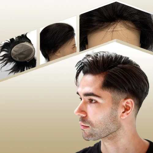 Miniatura 27 de Toupee para hombres, piezas de cabello 100% europeo, sistema de reemplazo de cabello humano virgen de 10 x 8 pulgadas, mono encaje con poliuretano