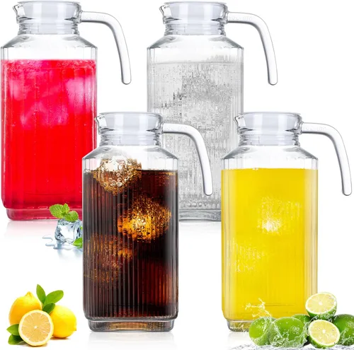 Gejoy 4 jarras de vidrio de 60 onzas con tapa, para refrigerador, jugo, para agua, bebidas, jarras para nevera, té helado, limonada, leche, cócteles