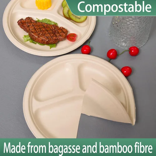Miniatura 3 de Paquete de 150 platos de papel divididos redondos de 10 pulgadas, desechables, resistentes y ecológicos, platos seccionales compostables de bagazo