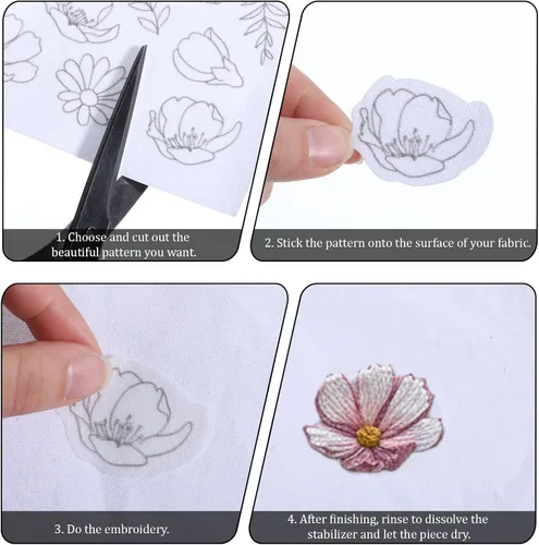 Miniatura 5 de 4 hojas preimpresas de flores silvestres y arbustos florecientes solubles en agua, estabilizador de patrón de bordado soluble en agua, patrones