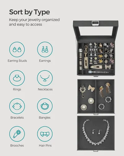 Miniatura 4 de SONGMICS Joyero, organizador de almacenamiento de joyas con cerradura, caja de joyería con ventana de cristal, para anillos, aretes, tachuelas