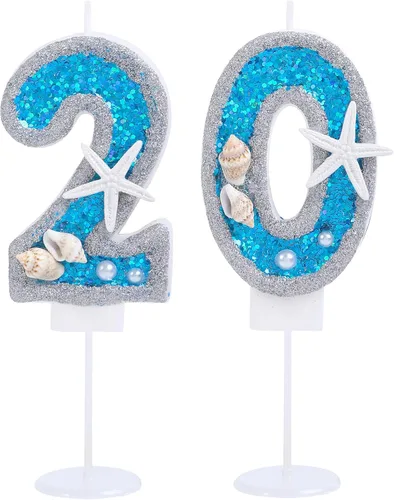 Miniatura 10 de Vela de cumpleaños número 0 3D número 0 para decoración de pastel para niños y niñas, niños pequeños bajo el océano, tema azul mar, fiesta