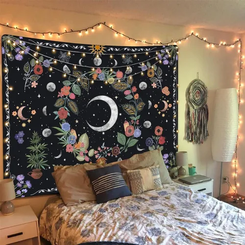 Miniatura 4 de Kanuyee Tapiz Floral de Luna Tapiz de Flores para Dormitorio Tapices Bohemios para Colgar en la Pared Estético para Dormitorio y Sala de Estar Luna