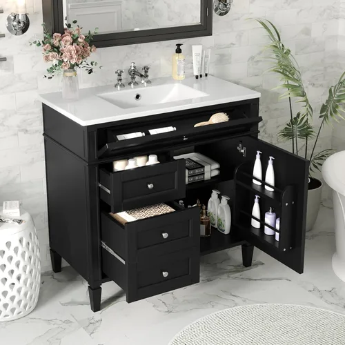Miniatura 8 de Virubi Tocador de baño de 30 pulgadas con fregadero de cerámica, armario de almacenamiento independiente moderno con 1 puerta, 2 cajones y cajón Azul