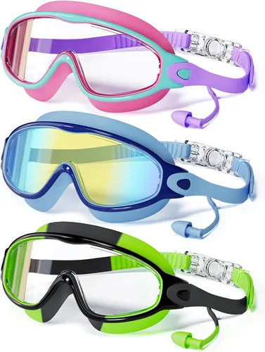 Paquete de 3 gafas de natación para niños, con tapones para los oídos, marco grande, antivaho, UV, visión amplia, para niños y niñas de 4 a 12 años