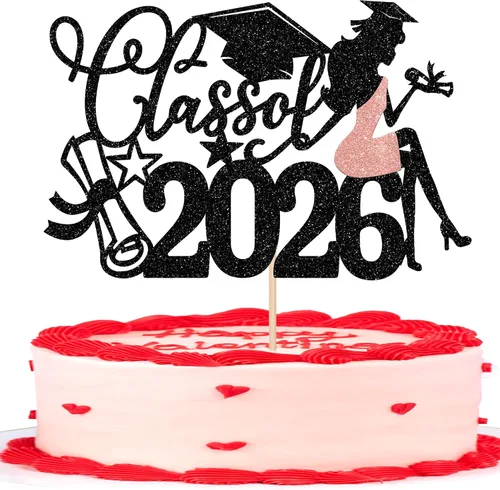 Miniatura 40 de 1 paquete de decoración para tarta de graduación para niña, con purpurina, para diploma, decoración para adultos mayores 2026, para niñas, escuela