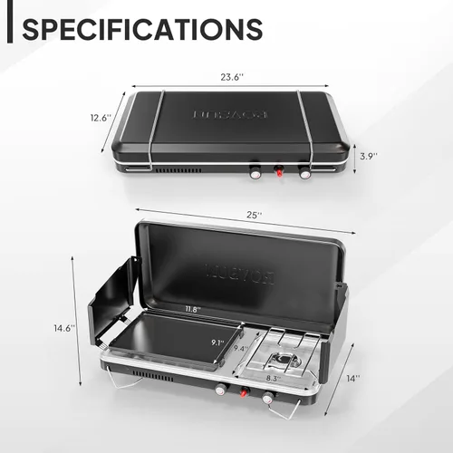 Miniatura 6 de ROVSUN Estufa de camping portátil 2 en 1 y parrilla de propano con plancha de esmalte y encendedor piezoeléctrico, estufa de campamento de mesa